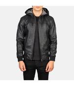Men's genuine black leather casual style hoodies jacket