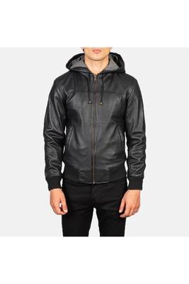Men's genuine black leather casual style hoodies jacket 2