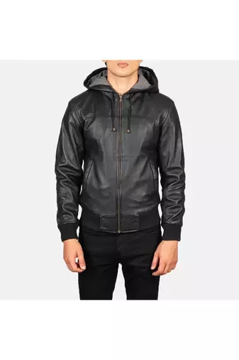 Men's genuine black leather casual style hoodies jacket