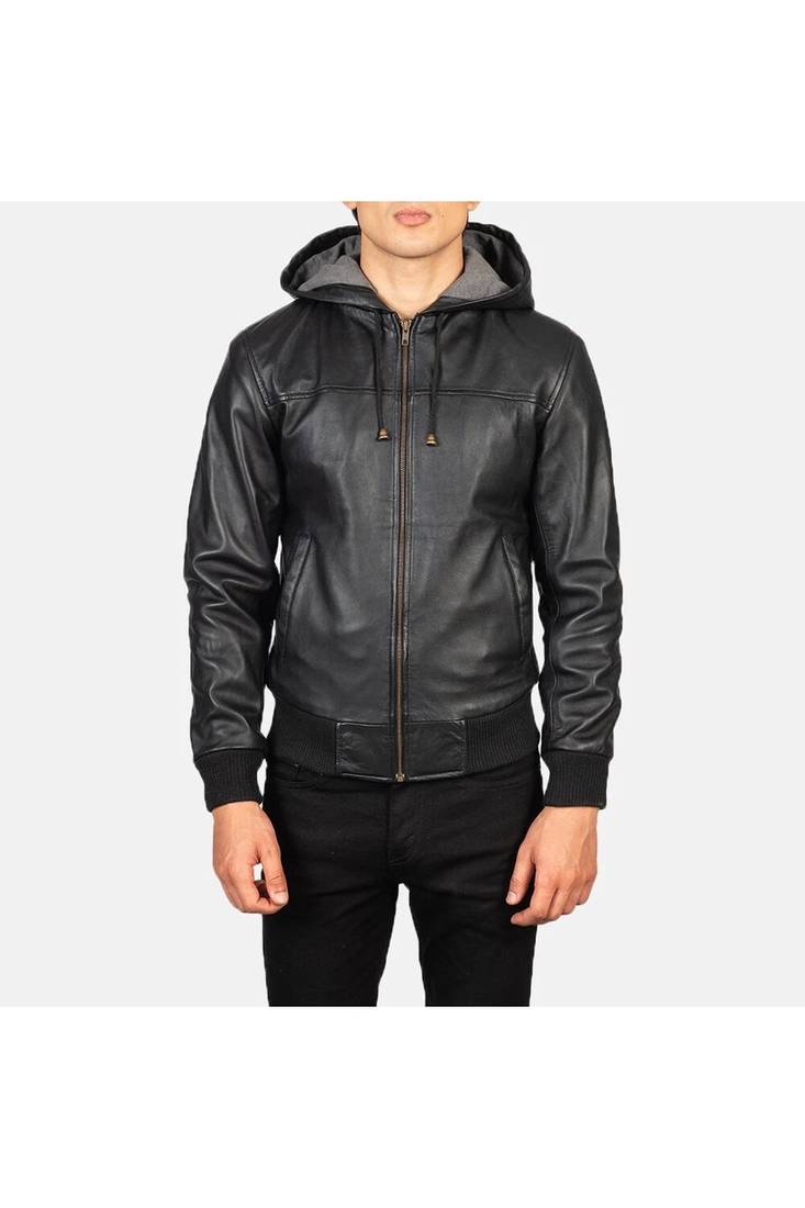 Men's genuine black leather casual style hoodies jacket