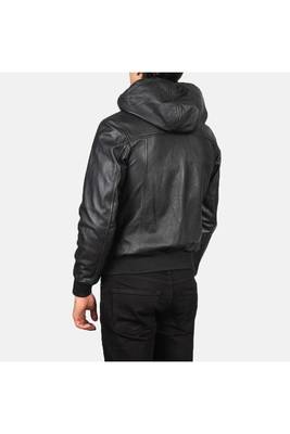 Men's genuine black leather casual style hoodies jacket 3