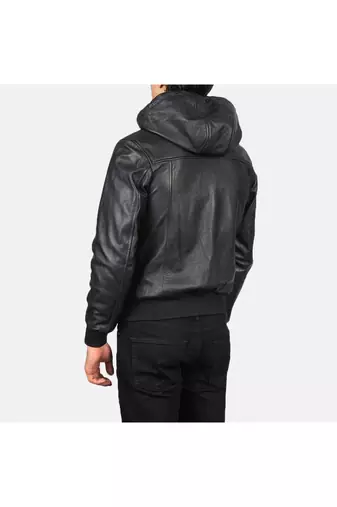 Men's genuine black leather casual style hoodies jacket