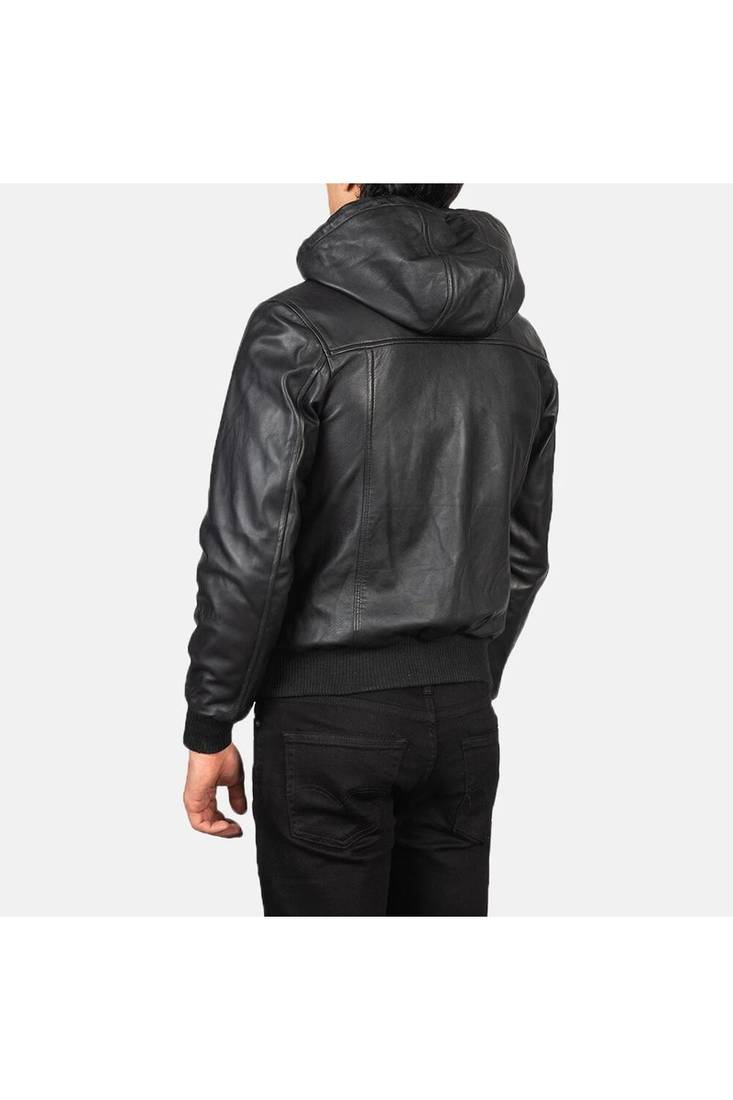 Men's genuine black leather casual style hoodies jacket