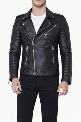 Men's black genuine leather modern fit moto biker jacket 1