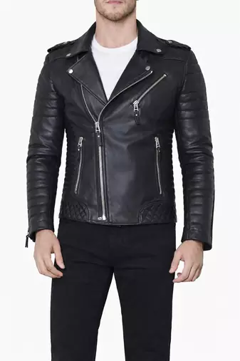Men's black genuine leather modern fit moto biker jacket