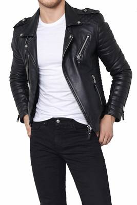 Men's black genuine leather modern fit moto biker jacket 3