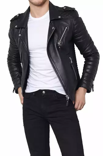 Men's black genuine leather modern fit moto biker jacket