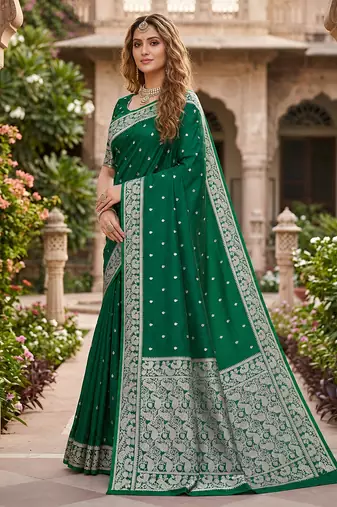 Green soft silk blend saree with zari weaving meenakari design