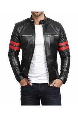 Men's black leather genuine lambskin tailored look red strip jacket 1