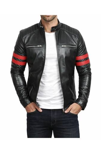 Men's black leather genuine lambskin tailored look red strip jacket