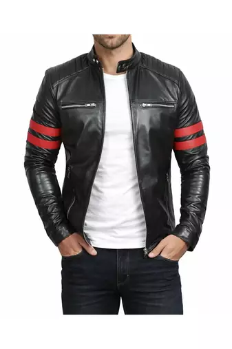 Men's black leather genuine lambskin tailored look red strip jacket