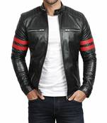 Men's black leather genuine lambskin tailored look red strip jacket