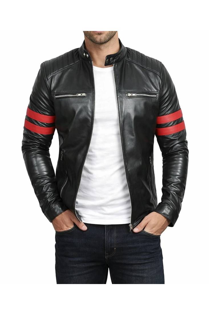 Men's black leather genuine lambskin tailored look red strip jacket