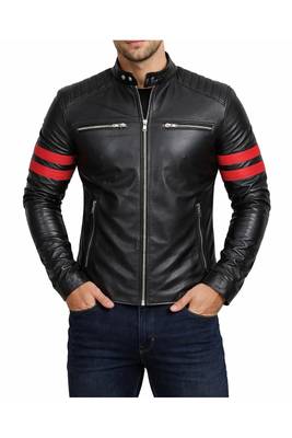 Men's black leather genuine lambskin tailored look red strip jacket 2