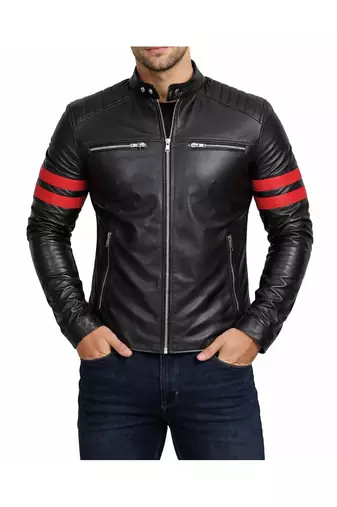 Men's black leather genuine lambskin tailored look red strip jacket