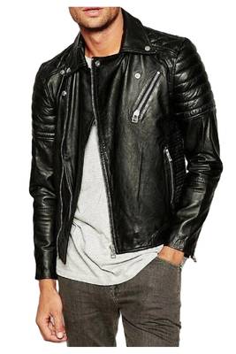 Men's genuine black leather biker jacket street style 1