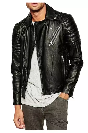 Men's genuine black leather biker jacket street style