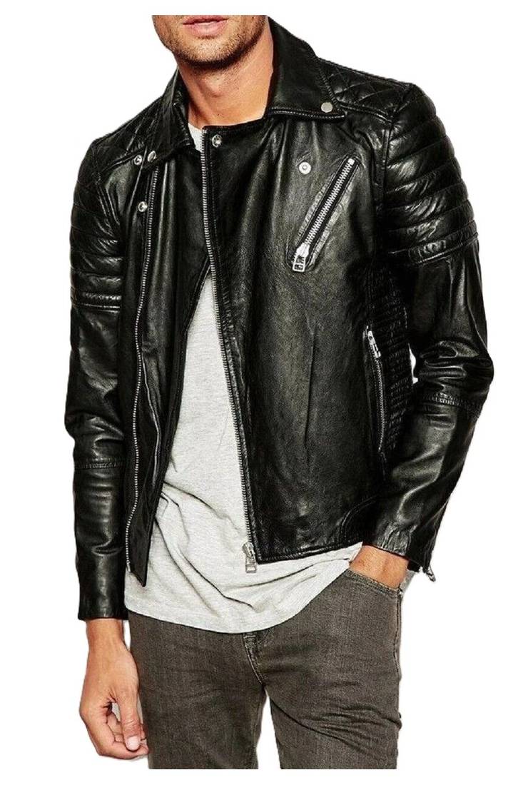 Men's genuine black leather biker jacket street style