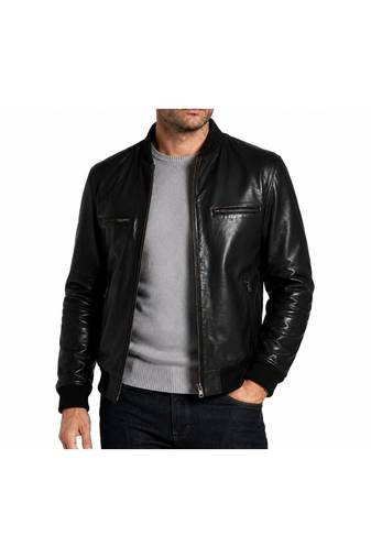 Men's leather timeless style genuine black bomber jacket
