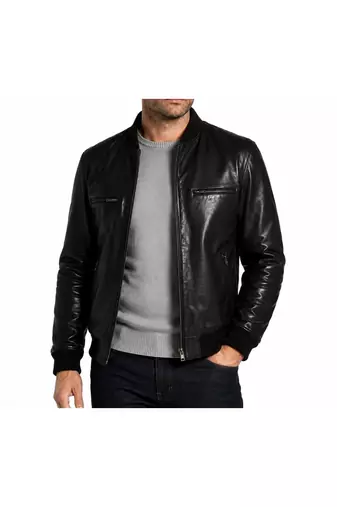 Men's leather timeless style genuine black bomber jacket