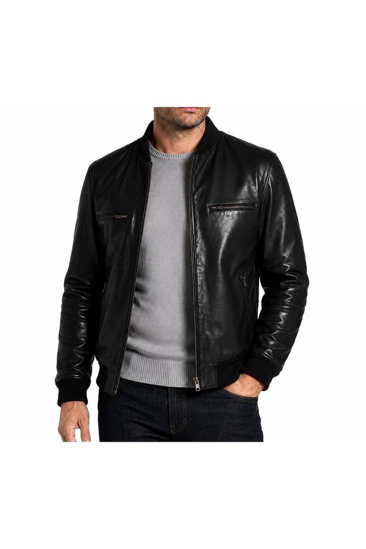 Men's leather timeless style genuine black bomber jacket