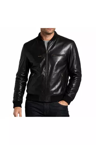 Men's leather timeless style genuine black bomber jacket