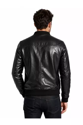 Men's leather timeless style genuine black bomber jacket