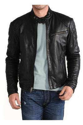 Men's black genuine leather minimal design biker jacket 1