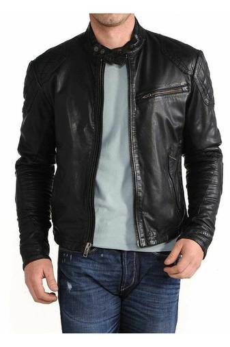 Men's black genuine leather minimal design biker jacket