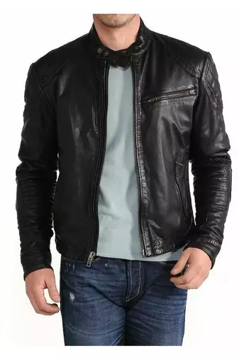 Men's black genuine leather minimal design biker jacket