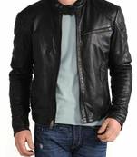 Men's black genuine leather minimal design biker jacket