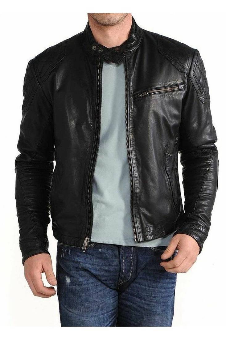 Men's black genuine leather minimal design biker jacket