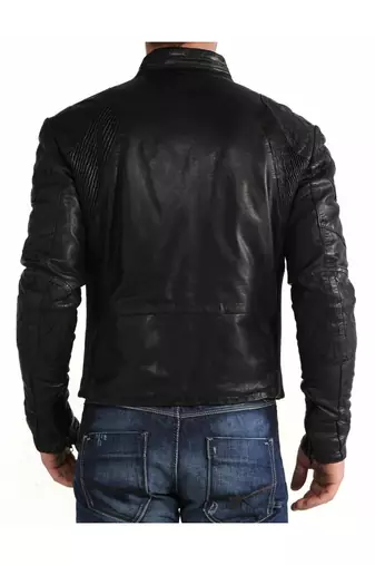 Men's black genuine leather minimal design biker jacket