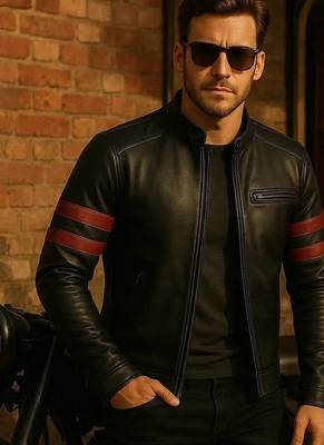 Men's black genuine leather premium quality biker jacket 2