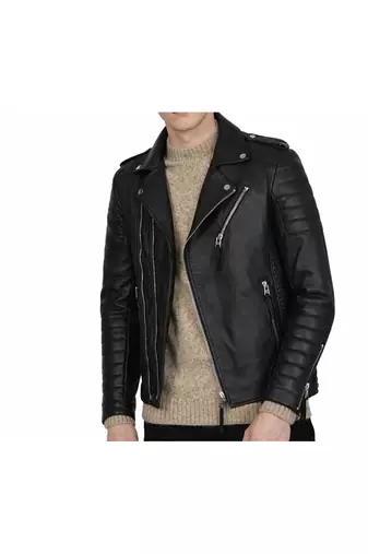 Men's black genuine leather smart casual biker jacket