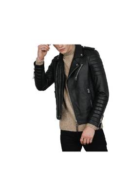 Men's black genuine leather smart casual biker jacket 4