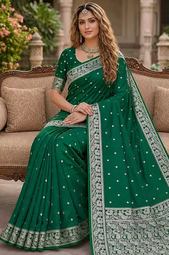 Green soft silk blend saree with zari weaving meenakari design