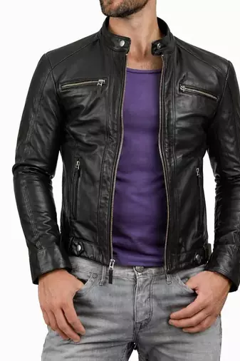 Men's black genuine leather designer biker style jacket