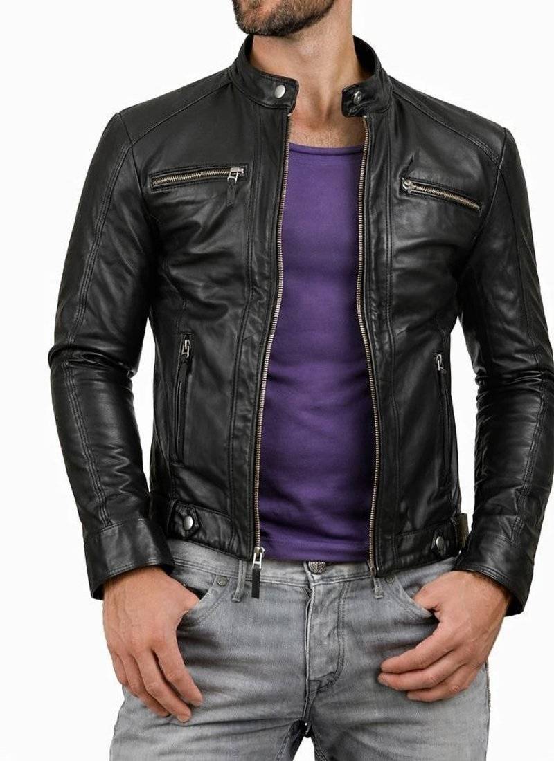 Men's black genuine leather designer biker style jacket