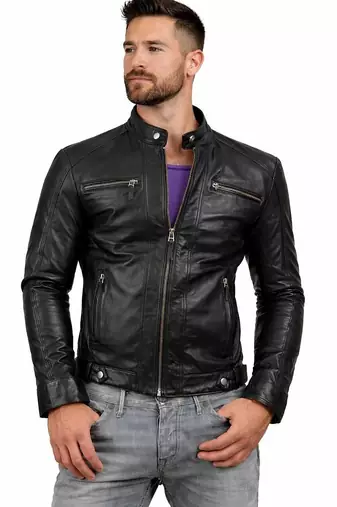 Men's black genuine leather designer biker style jacket