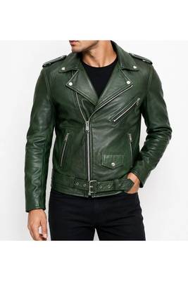 Men's green genuine leather iconic look biker jacket 1
