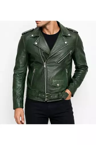 Men's green genuine leather iconic look biker jacket