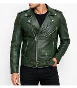 Men's green genuine leather iconic look biker jacket