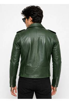 Men's green genuine leather iconic look biker jacket 2