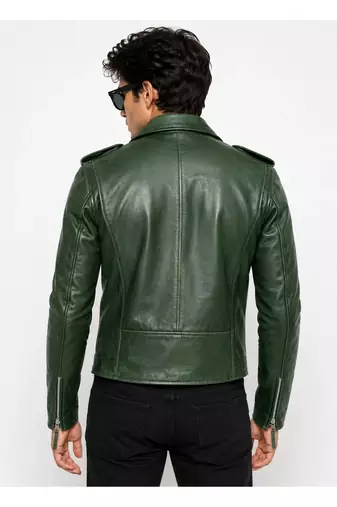 Men's green genuine leather iconic look biker jacket