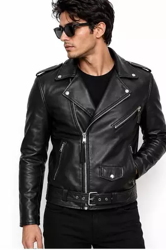 Men's black genuine leather urban fashion moto biker jacket