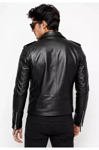 Men's black genuine leather urban fashion moto biker jacket