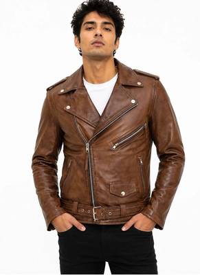 Men's brown leather genuine lambskin daily wear moto biker jacket 1