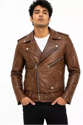 Men's brown leather genuine lambskin daily wear moto biker jacket
