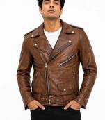 Men's brown leather genuine lambskin daily wear moto biker jacket